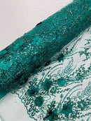 3D Glitter Floral Design Fabric - Hunter Green - Floral Line Design Embroidered Sequins Fabric by Yard