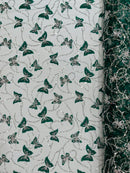3D Butterfly Beaded Fabric - Hunter Green - Beaded Sequins Butterfly Embroidered Fabric By Yard