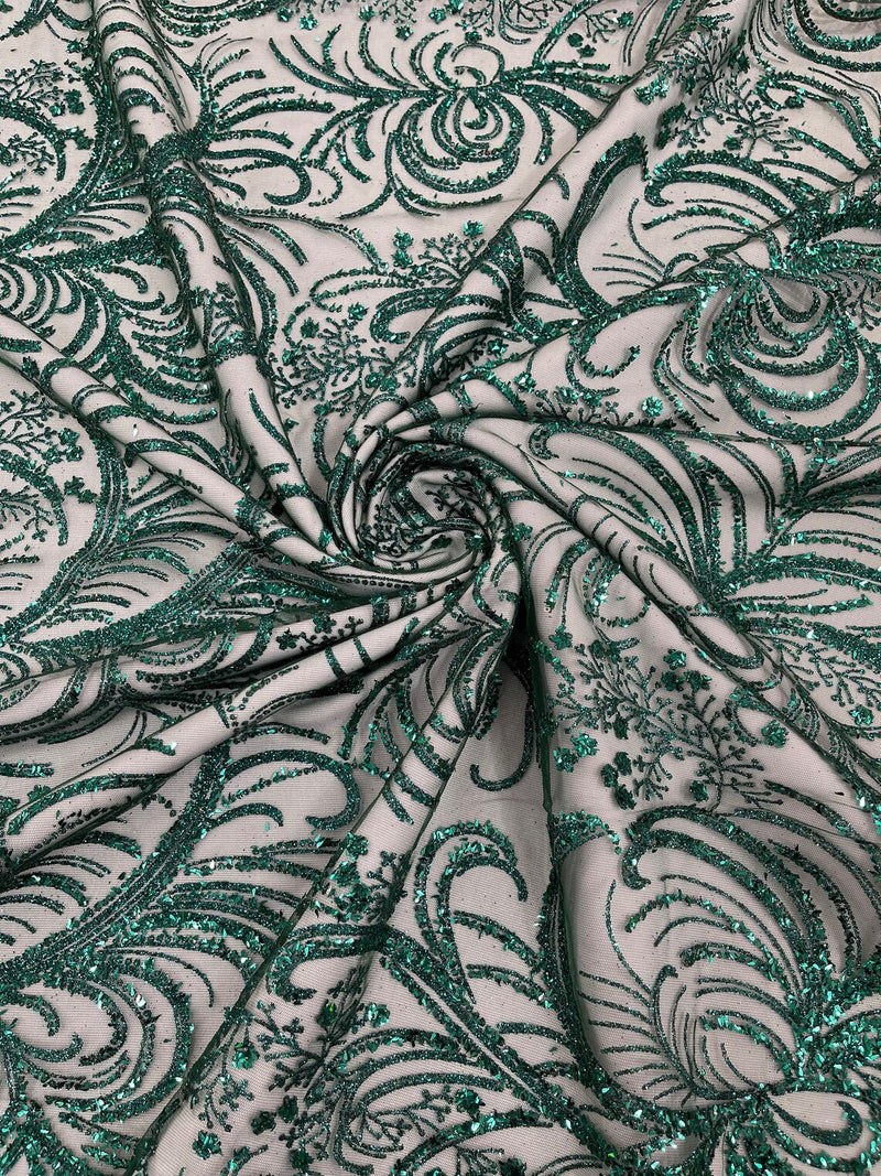 Glitter Palm Leaf Design Fabric - Hunter Green - Tulle Mesh Glitter Leaf Design Fabric Sold By Yard