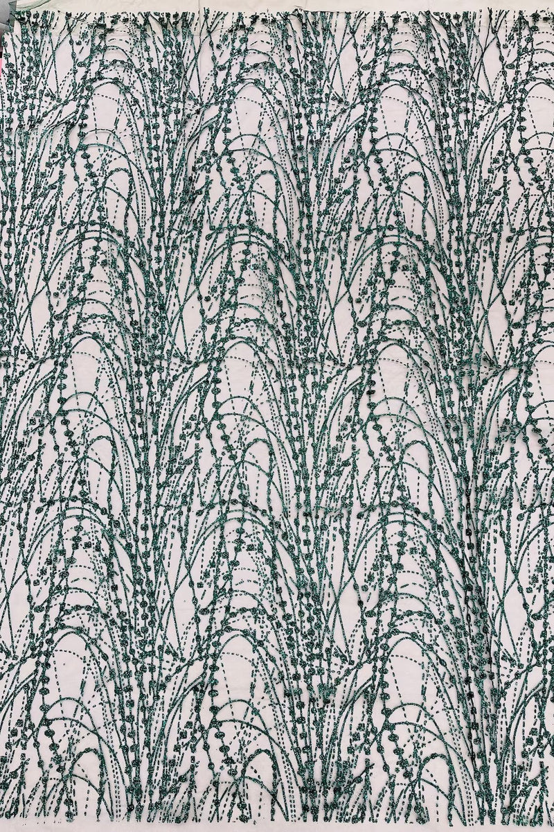 Tulle Glitter Fancy Line Fabric - Hunter Green - Tulle Fabric with Sparkle Glitter Design Sold By Yard