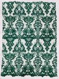 King Lace Pattern Fabric - Hunter Green - Embroidered Sequins on Lace Mesh Fabric By Yard