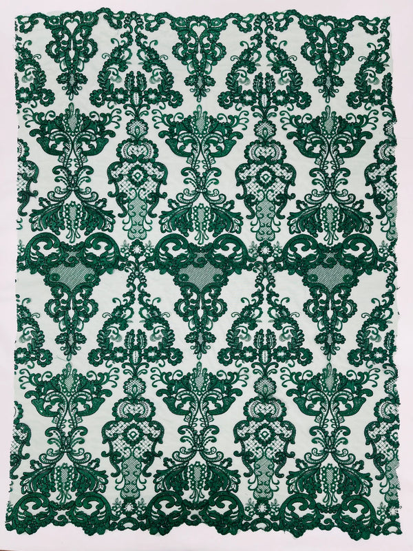 King Lace Pattern Fabric - Hunter Green - Embroidered Sequins on Lace Mesh Fabric By Yard