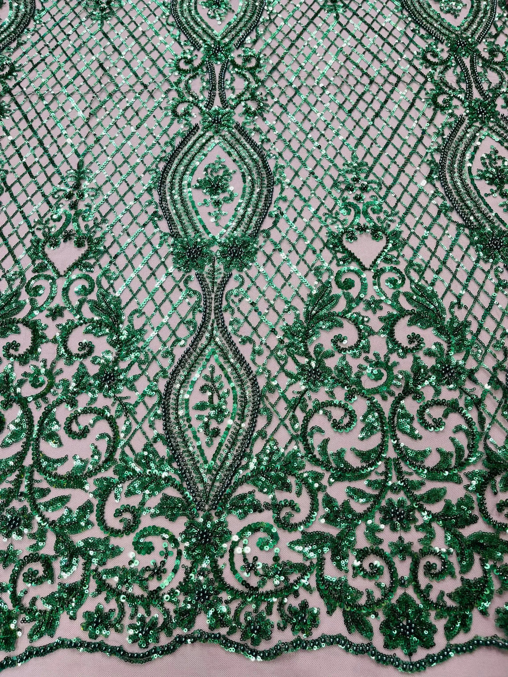 Bead Fashion Damask Fabric - Hunter Green - Beaded Sequins Geometric Design on Mesh Sold By Yard