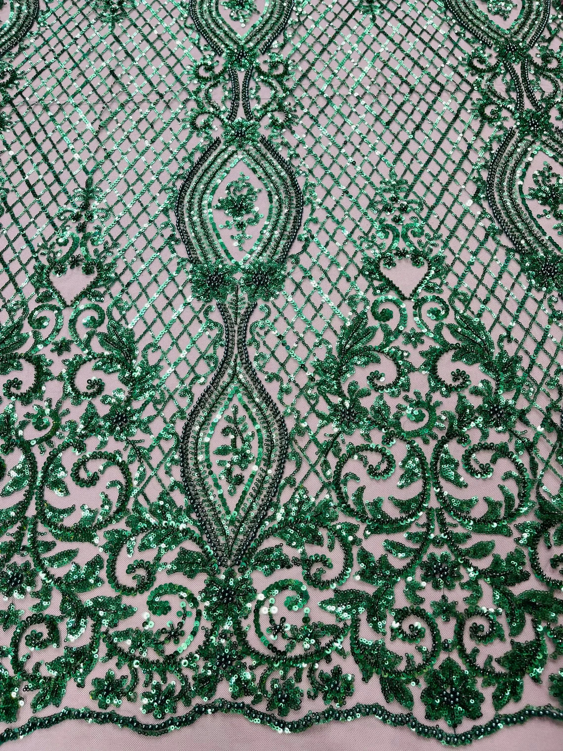 Bead Fashion Damask Fabric - Hunter Green - Beaded Sequins Geometric Design on Mesh Sold By Yard