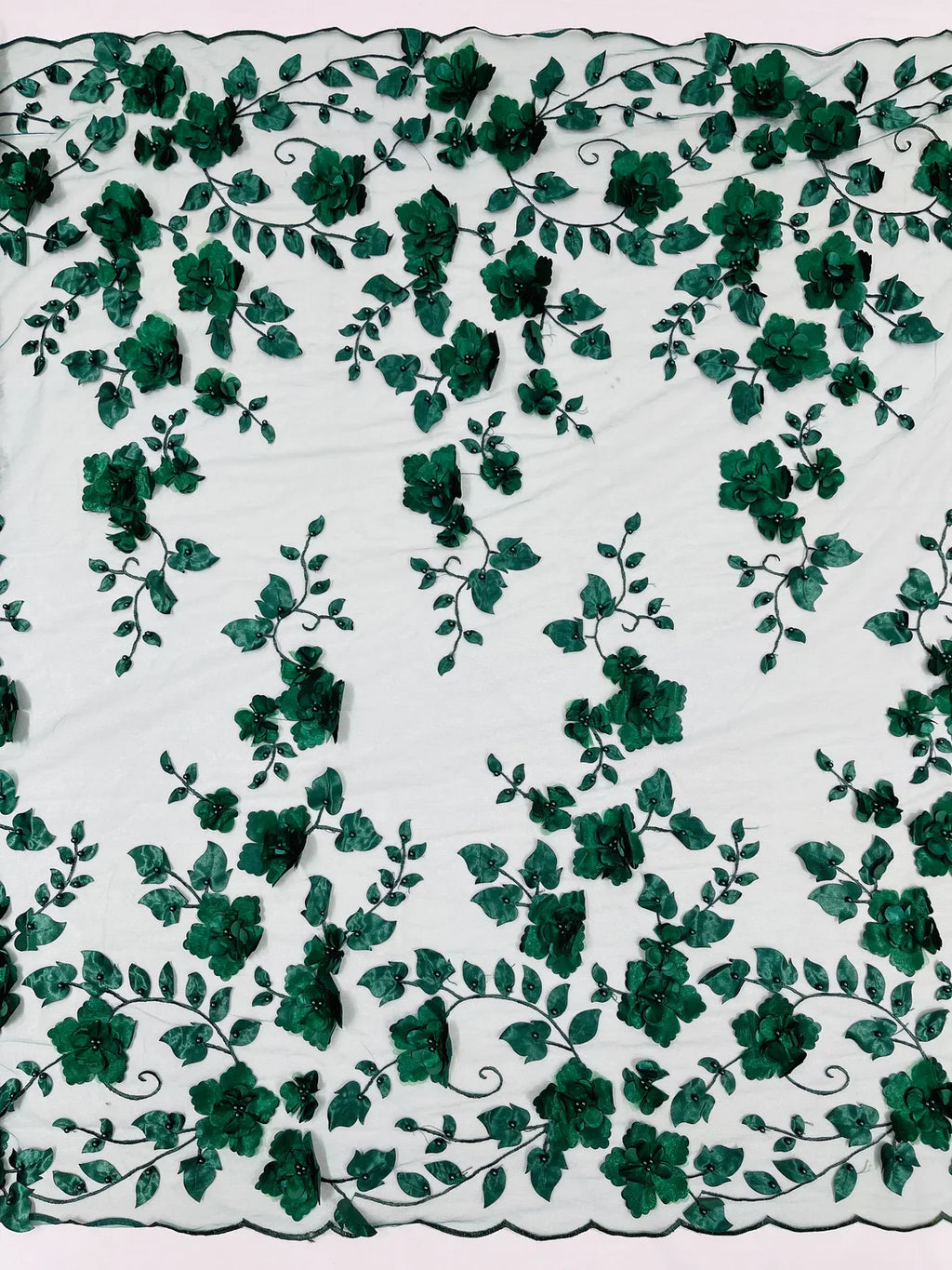 3D Floral Pearl Fabric - Hunter Green - Embroidered Floral Pearl Fabric Double Border On Mesh By Yard