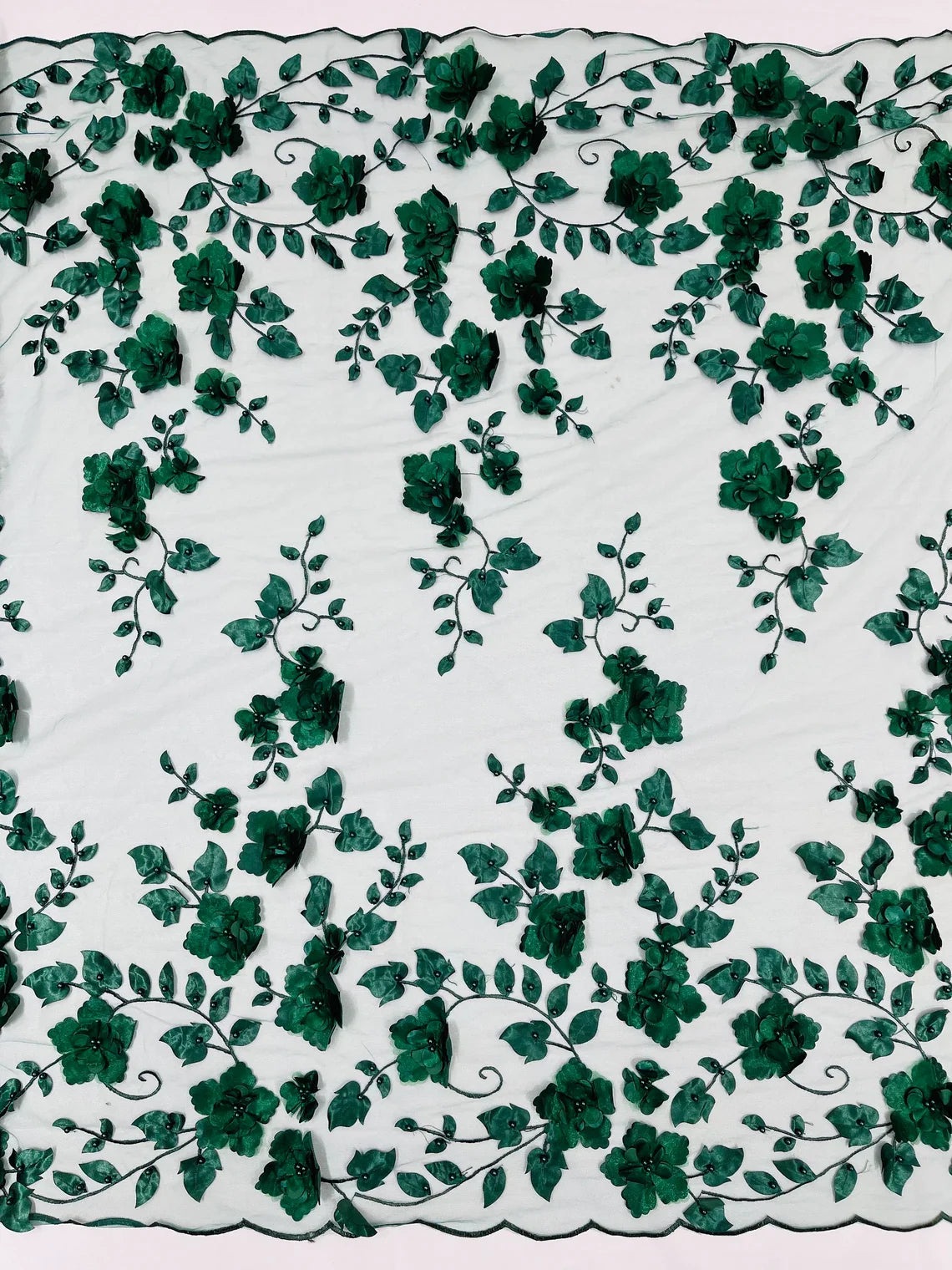 3D Floral Pearl Fabric - Hunter Green - Embroidered Floral Pearl Fabric Double Border On Mesh By Yard