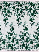 3D Floral Pearl Fabric - Hunter Green - Embroidered Floral Pearl Fabric Double Border On Mesh By Yard