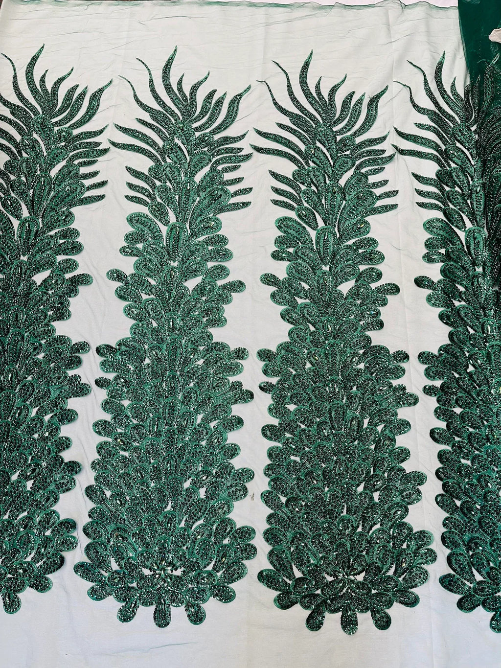 3D Beaded Peacock Feathers - Hunter Green - Vegas Design Embroidered Sequins and Beads On a Mesh Lace Fabric (Choose The Panels)