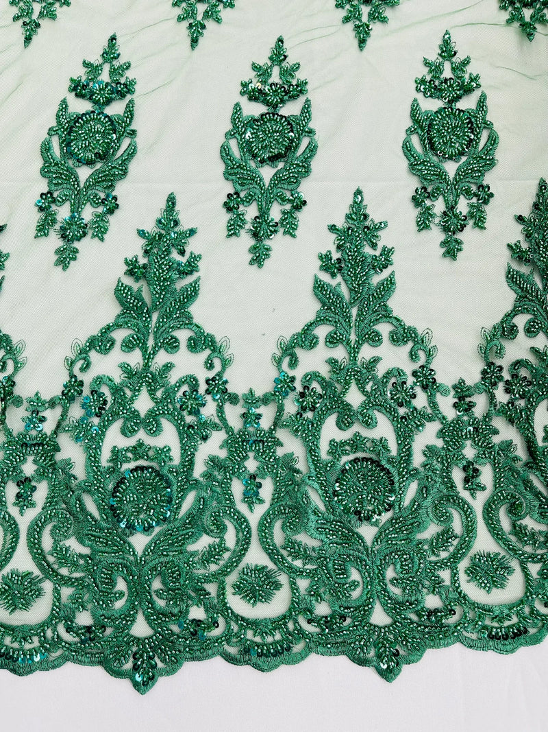 Floral Bead Embroidery Fabric - Hunter Green - Damask Floral Bead Bridal Lace Fabric by the yard