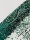 Beaded Lines Fabric - Hunter Green - Luxury Beads and Sequins Line Design Fabric By Yard