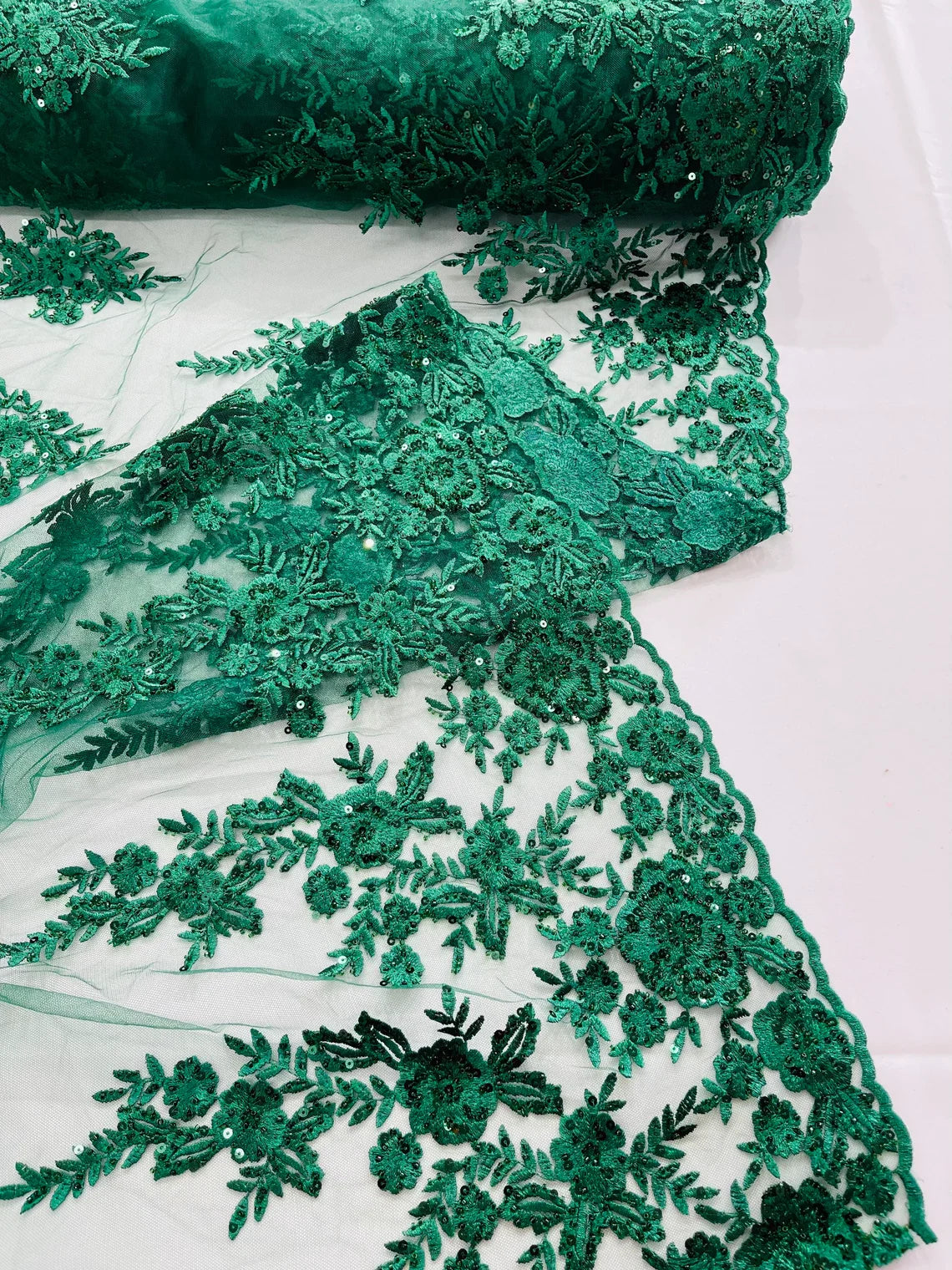 Beaded Rose Flower Fabric - Hunter Green - Embroidered Beaded Long Border Floral Fabric By Yard