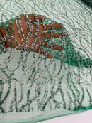 Glitter Wavy Bead Fabric - Hunter Green - Sequins, Bead, Glitter Design on Lace Fabric By Yard