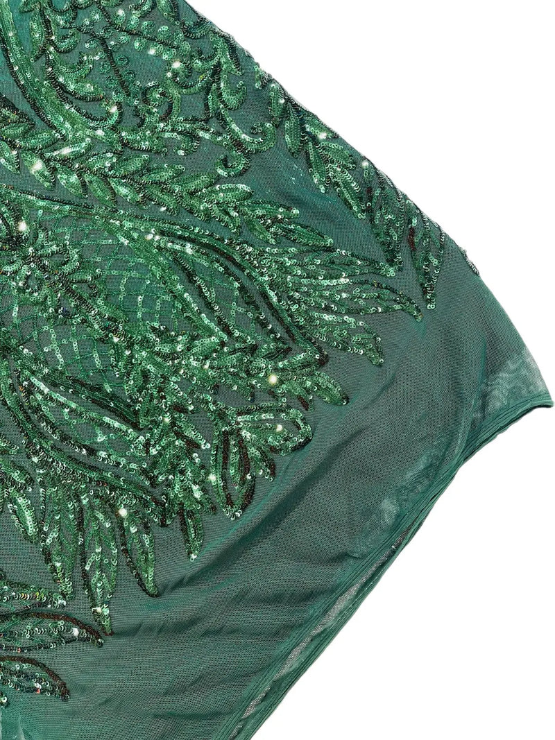 Mermaid Design Sequins Fabric - Hunter Green - Sequins Fabric 4 Way Stretch on Mesh By Yard