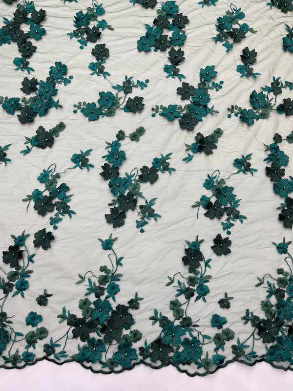 Multi-Color 3D Flower Fabric - Hunter Green - Multi-Tone 3D Flower Lace Fabrics Sold By Yard