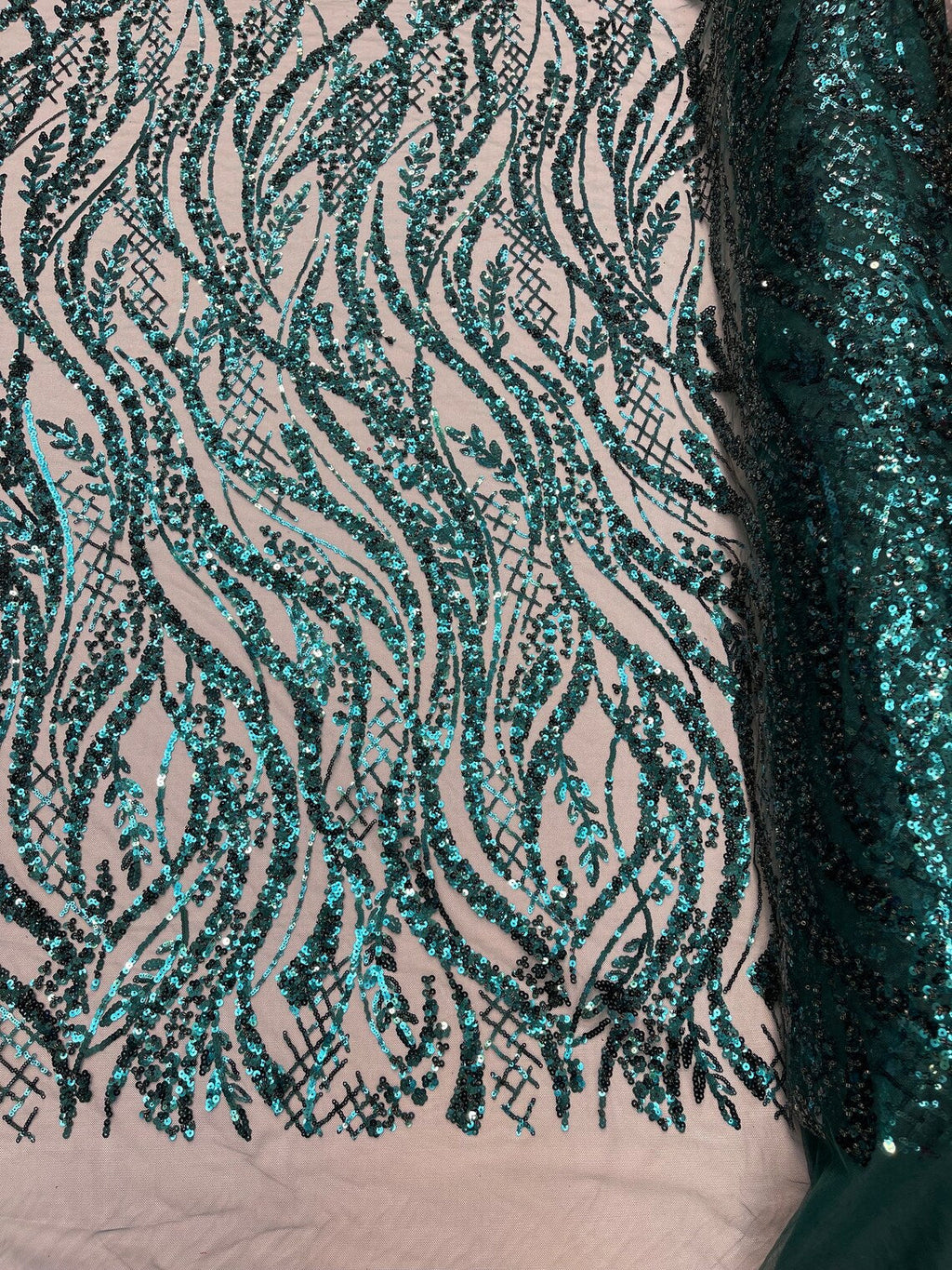 Floral Beaded Wavy Fabric - Hunter Green - Beaded Sequins Wavy Embroidered Fabric Sold By Yard