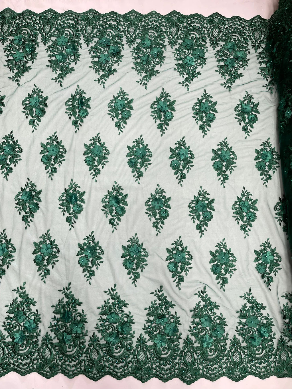 3D Fancy Floral Design Fabric - Hunter Green - 3D Flower Fabric with Small Beads on Lace Sold By Yard