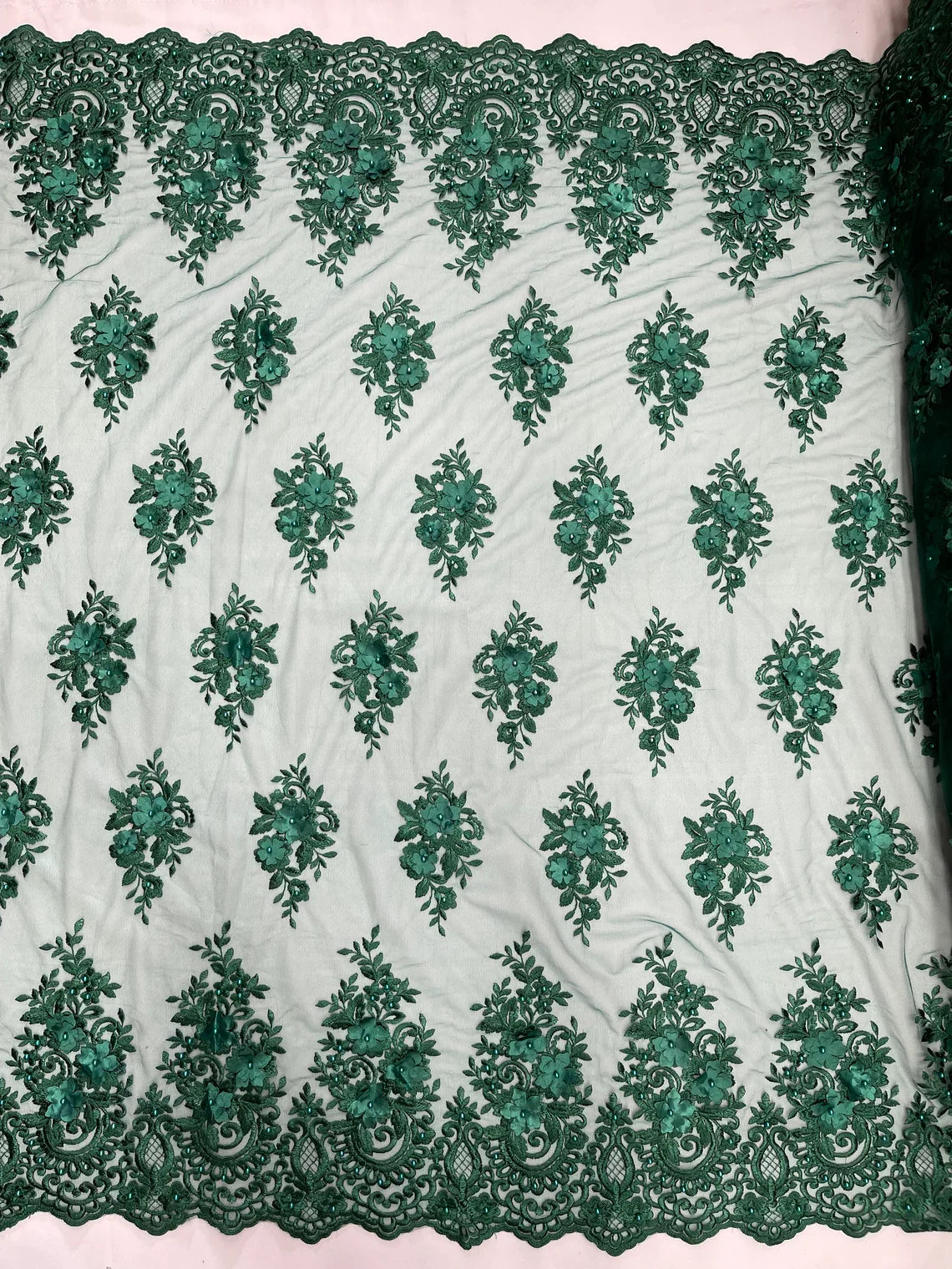 3D Fancy Floral Design Fabric - Hunter Green - 3D Flower Fabric with Small Beads on Lace Sold By Yard