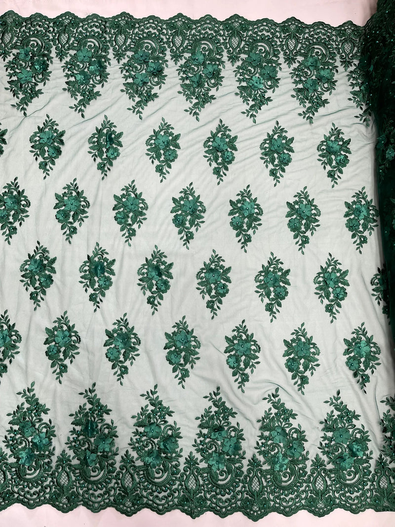 3D Fancy Floral Design Fabric - Hunter Green - 3D Flower Fabric with Small Beads on Lace Sold By Yard