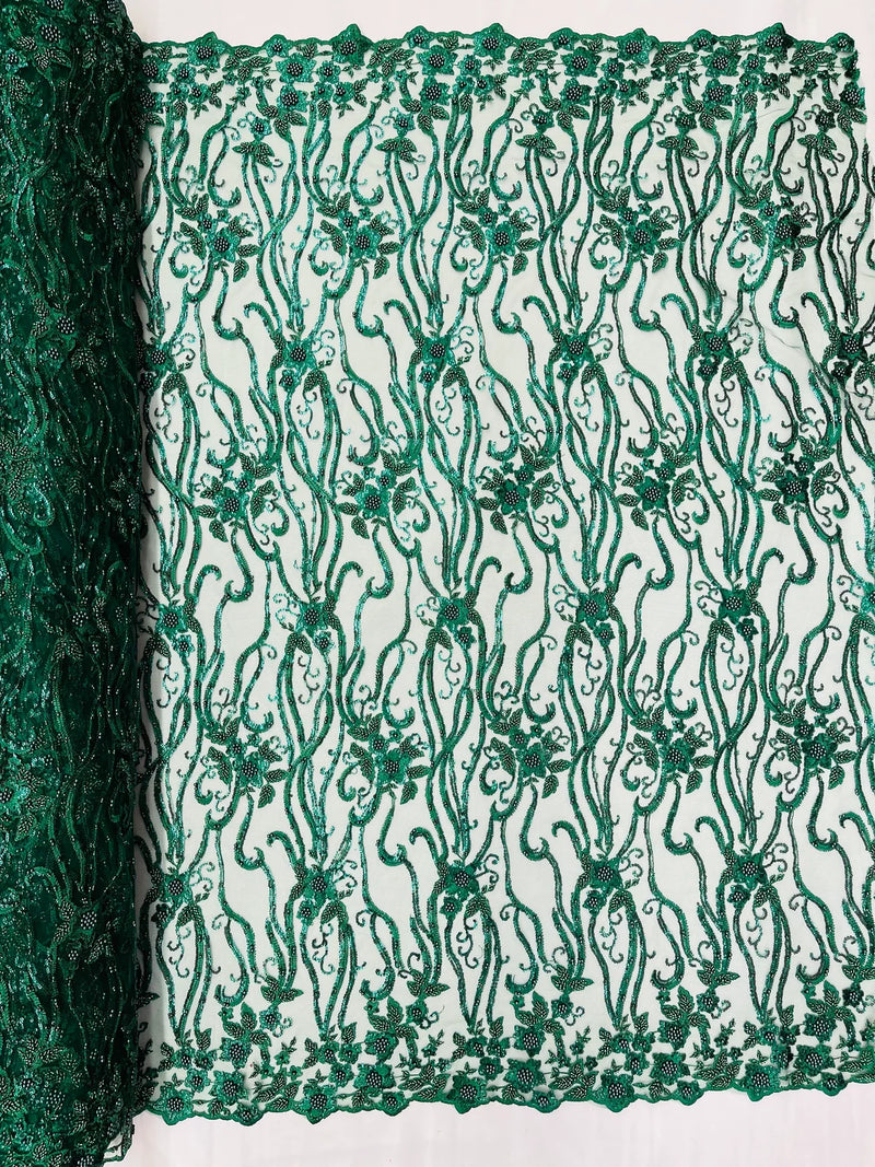 Small Flower Bead Fabric - Hunter Green - Beaded Flower Fabric with Curled Lines Design By Yard