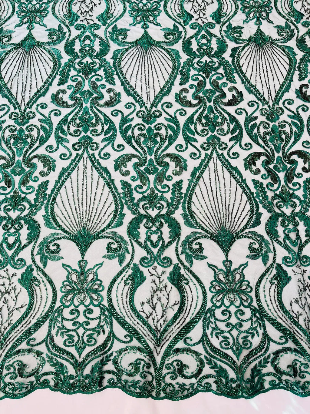 Damask Leaf Bead Fabric - Hunter Green - Heavy Beaded Embroidered Sequins Lace Fabric by Yard