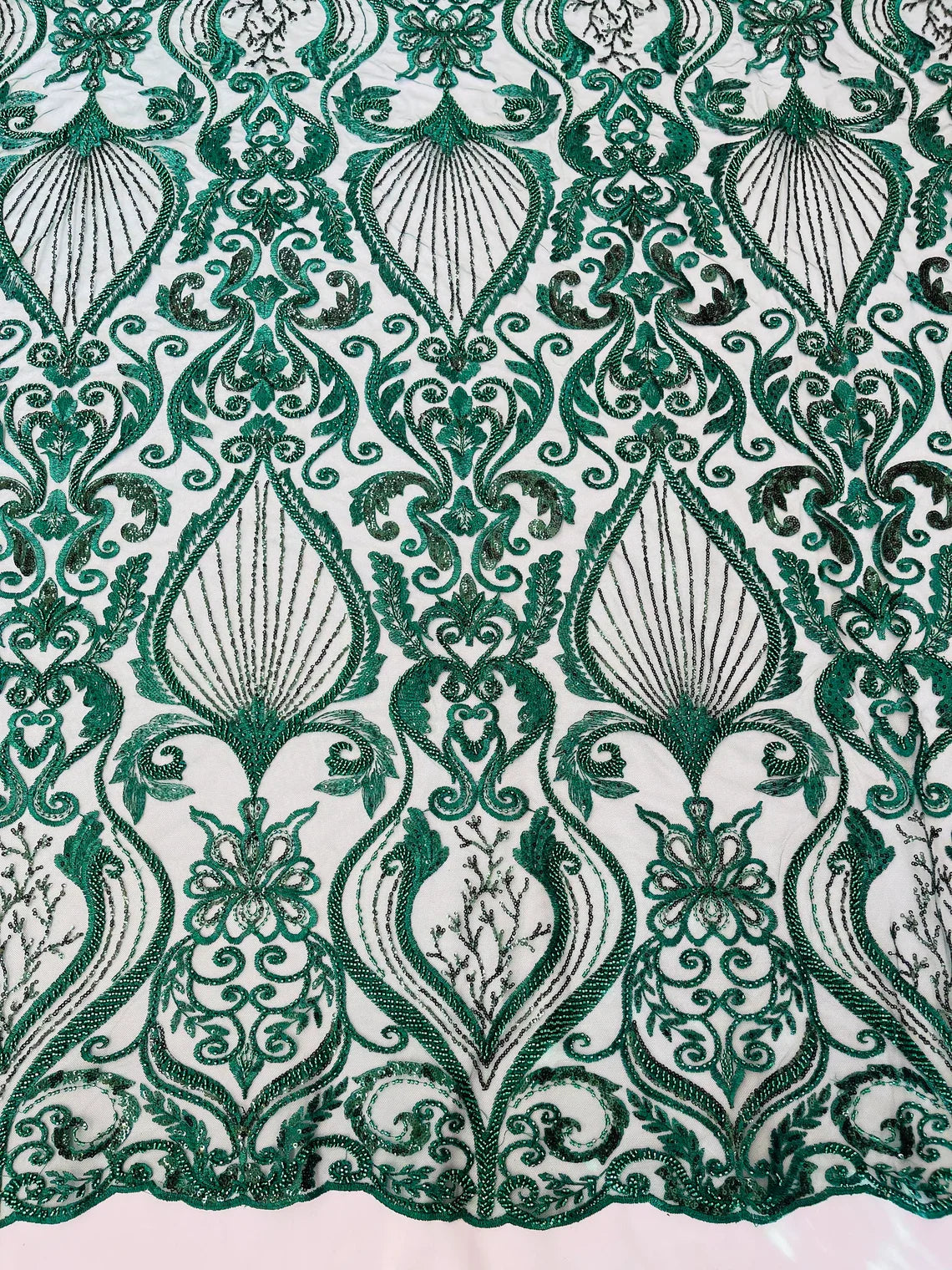 Damask Leaf Bead Fabric - Hunter Green - Heavy Beaded Embroidered Sequins Lace Fabric by Yard