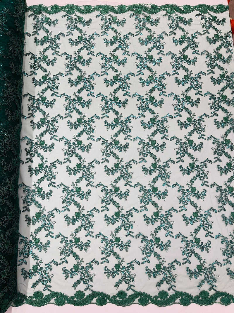 Floral Sequins Lace Fabric - Hunter Green - Embroidery Flower Clusters Design with Shiny Sequins  Fabric Sold By Yard