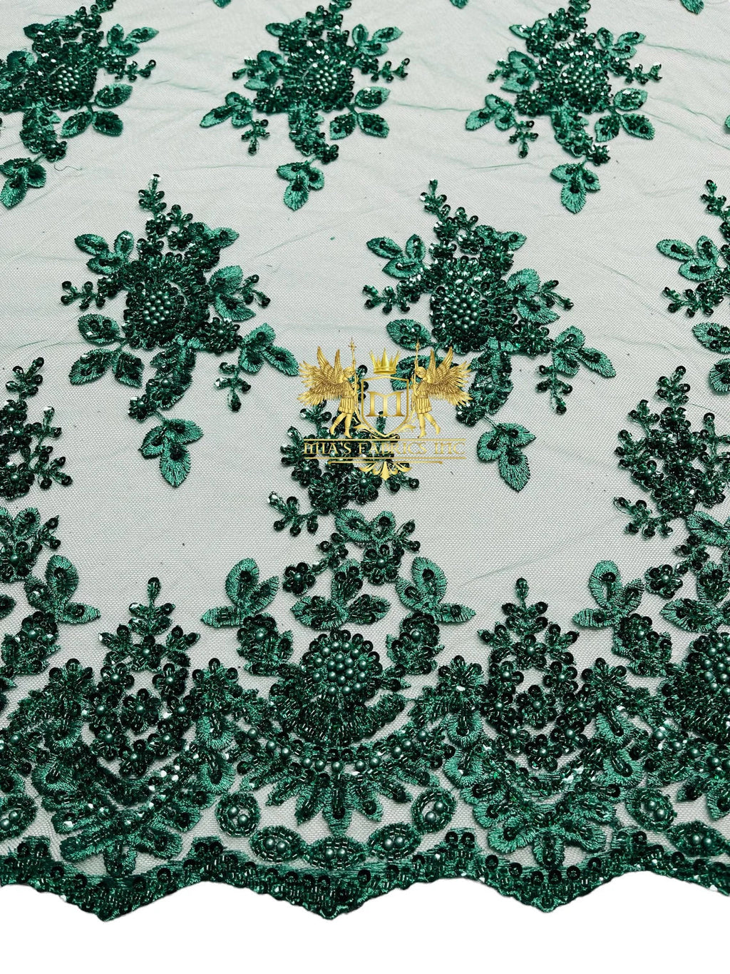 Floral Beaded Fabric - Hunter Green - Embroidered Beaded Flowers Cluster Design on a Mesh Sold By Yard