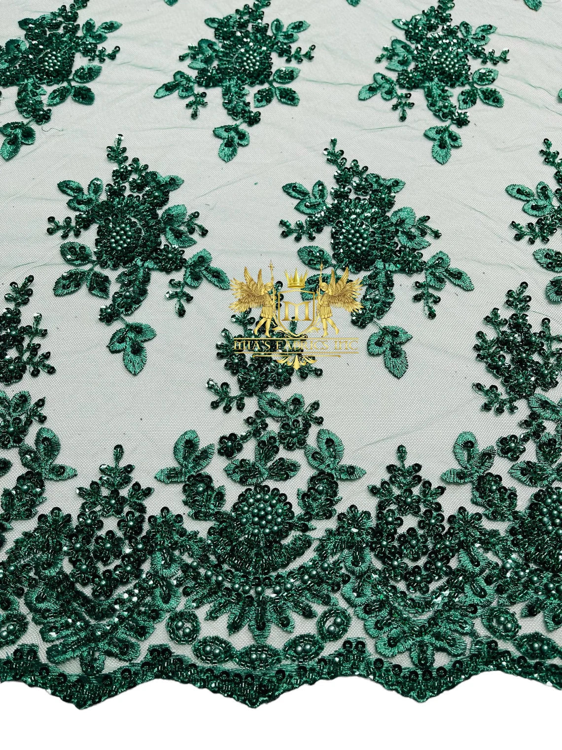 Floral Beaded Fabric - Hunter Green - Embroidered Beaded Flowers Cluster Design on a Mesh Sold By Yard