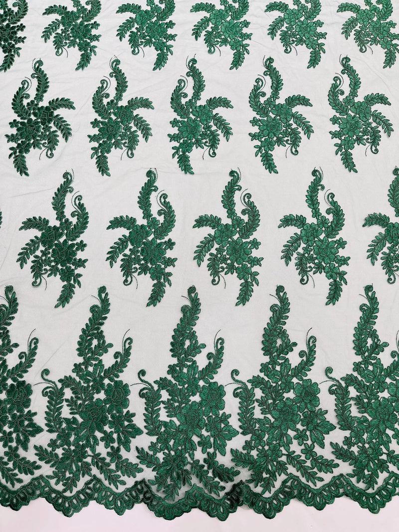 Long Leaf Designs Lace Fabric - Hunter Green - Embroidered Braid Leaf Pattern on Lace Mesh Fabric By Yard