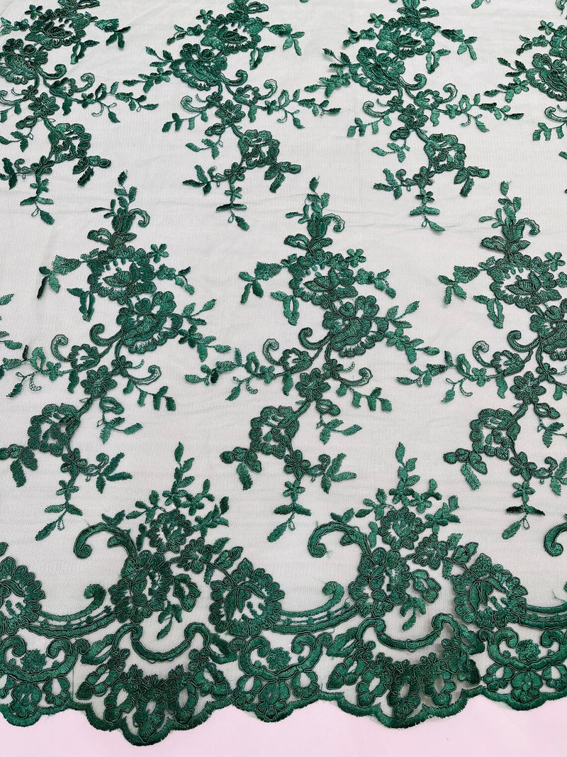 Floral Plant Lace Fabric - Hunter Green - Embroidery Flower Small Leaf Design Lace Fabric Sold By Yard