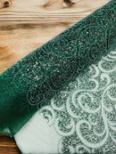 Beaded Swirl Design Fabric - Hunter Green - Swirl Design with Beads and Sequins on Lace by Yard
