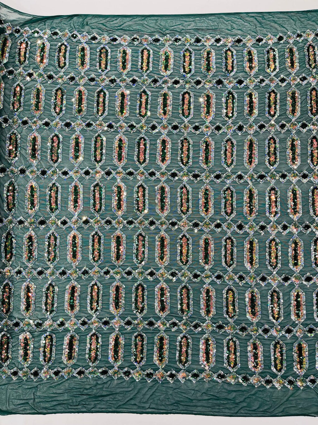 Fancy Gem Jewel Fabric - Hunter Green - Geometric Stretch Sequins Design on Mesh By Yard