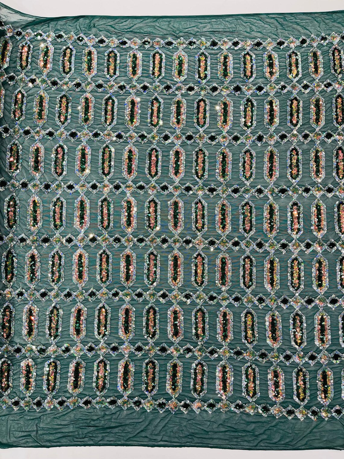 Fancy Gem Jewel Fabric - Hunter Green - Geometric Stretch Sequins Design on Mesh By Yard