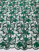 Small Flower Sequins Lace Fabric - Hunter Green - Embroidered Floral Pattern Fabric with Sequins on Lace By Yard