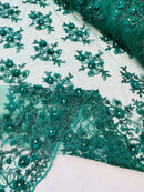 3D Embroidered Floral Fabric - Hunter Green - 3D Rhinestone and Sequins Floral Fabric Sold By Yard