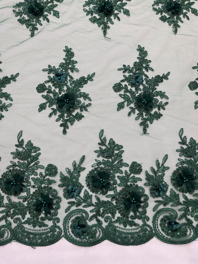 3D Floral Fabric with Floral Border - Hunter Green - Embroidered Floral Fabric with Sequin and Beads By Yard