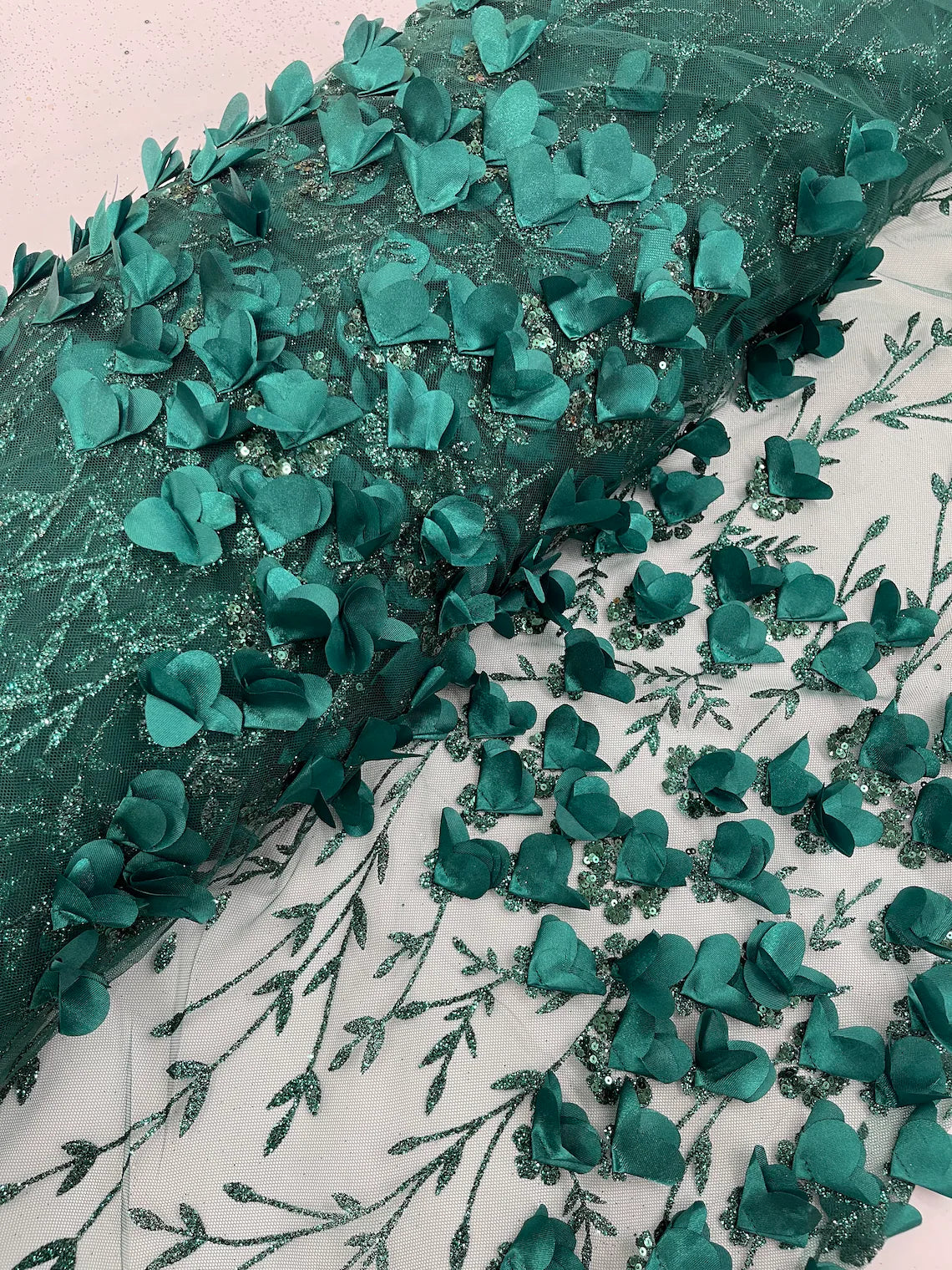 3D Flower Glitter Fabric - Hunter Green - Flower Design on Glitter Mesh Fabric Sold By Yard