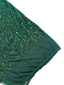 Leaf Design Stretch Sequins - Hunter Green - 4 Way Stretch Lace Mesh Sequins Fabric by Yard