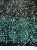 Feather Sequin Velvet Fabric - Hunter Green - 5mm Sequins Velvet 2 Way Stretch 58/60" Fabric By Yard