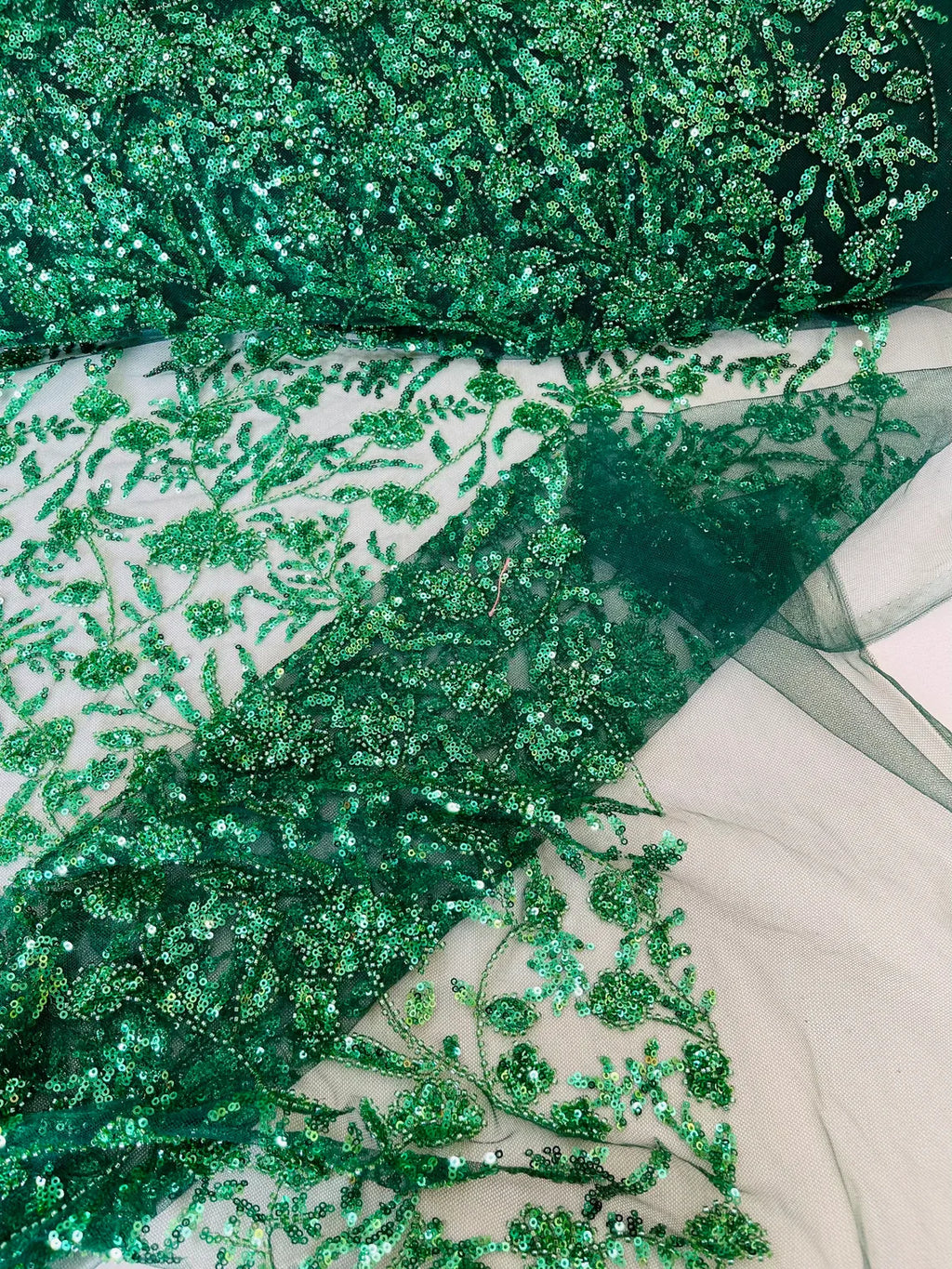 Floral Pattern Beaded Fabric - Hunter Green - Embroidered Bead & Sequins Wedding Bridal Fabric Sold By The Yard