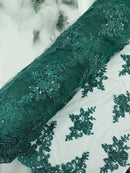 Beaded Floral Fabric - Hunter Green - Floral Cluster Design Fabric with Damask Border by Yard