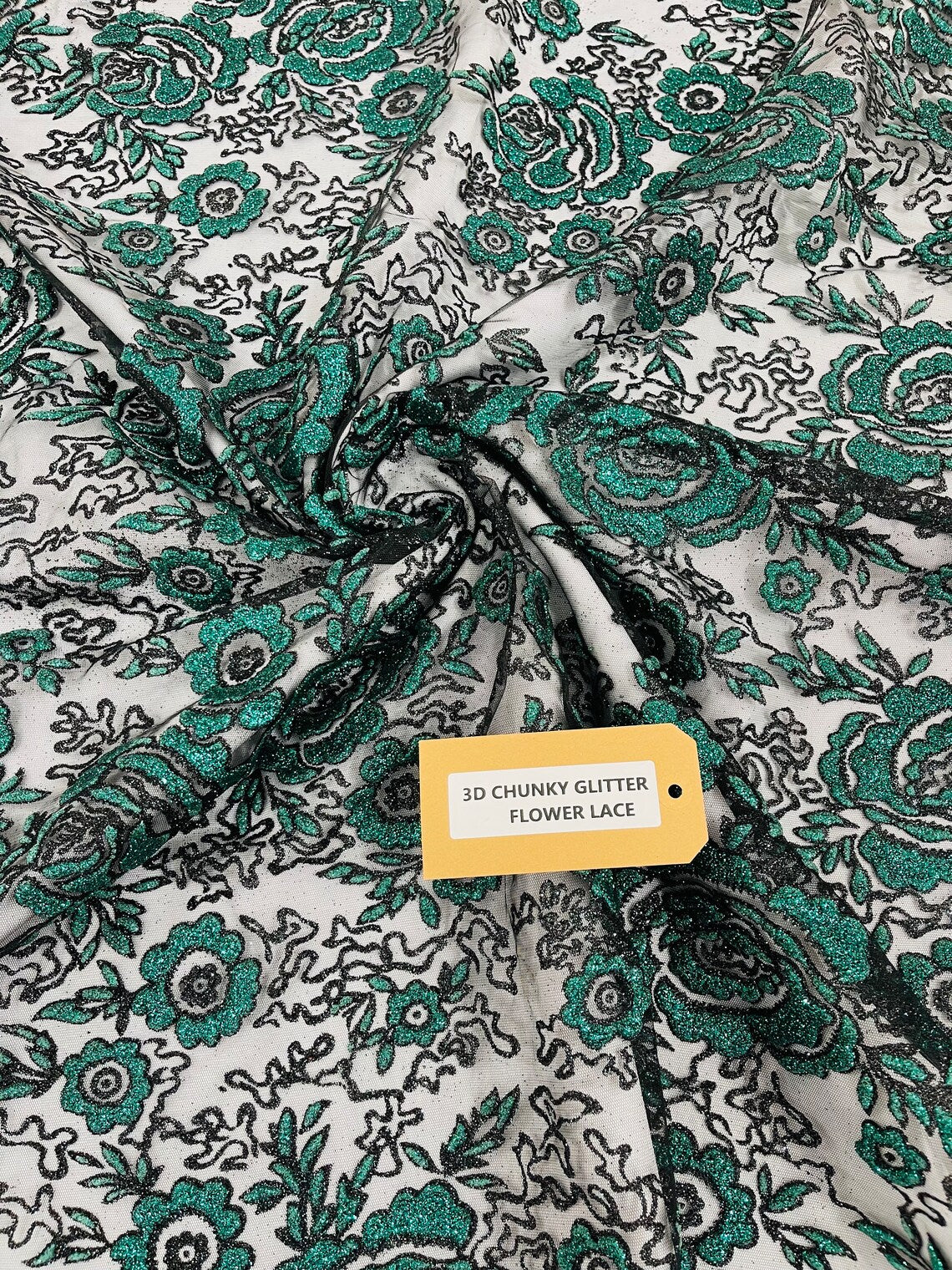 3D Rose Chunky Glitter Fabric - Hunter Green - Rose Floral Design Glitter on Tulle Fabric Sold by Yard