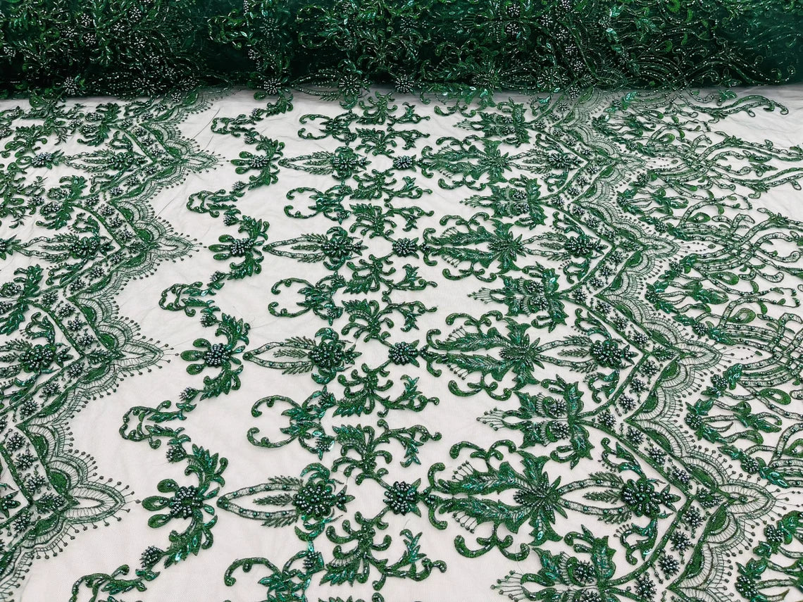 Damask Bead Fabric - Hunter Green - Embroidered Glamorous Fabric with Round Beads Sold By Yard