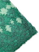 Corded Floral 3D Fabric - Hunter Green - Embroidered Floral Design on Lace Mesh Fabric by Yard