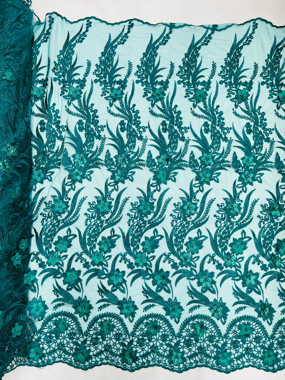 3D Floral Leaf Panels - Hunter Green - Embroidered 3D Flower Lines with Pearls on Lace By Yard