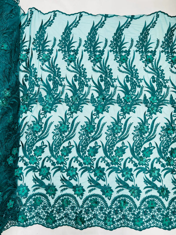 3D Floral Leaf Panels - Hunter Green - Embroidered 3D Flower Lines with Pearls on Lace By Yard