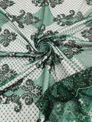 King Damask Design Fabric - Hunter Green - Embroidered Corded Mesh Lace Fabric with Sequins By Yard