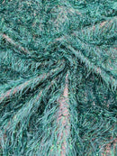 Metallic Eyelash Fabric - Hunter Green - Feather/Eyelash/Fringe Design on Mesh By Yard