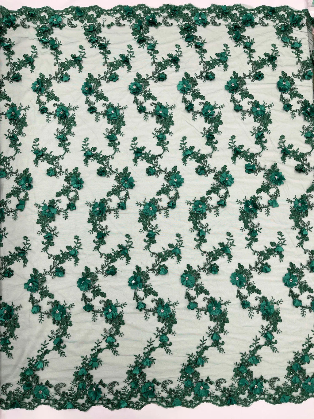 3D Lace Flower Fabric - Hunter Green - Embroidered Sequins and 3D Floral Patterns on Lace By Yard