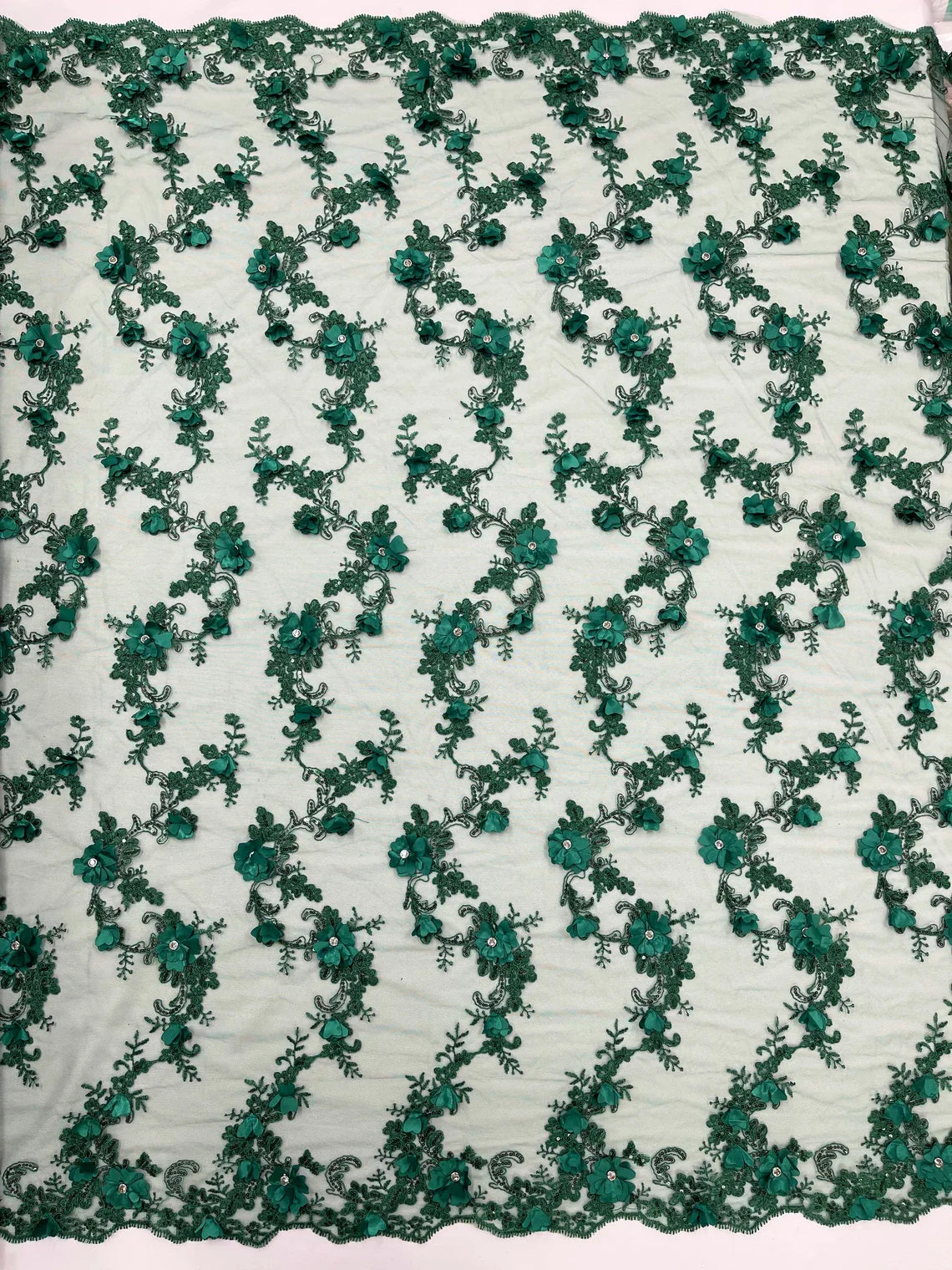 3D Lace Flower Fabric - Hunter Green - Embroidered Sequins and 3D Floral Patterns on Lace By Yard